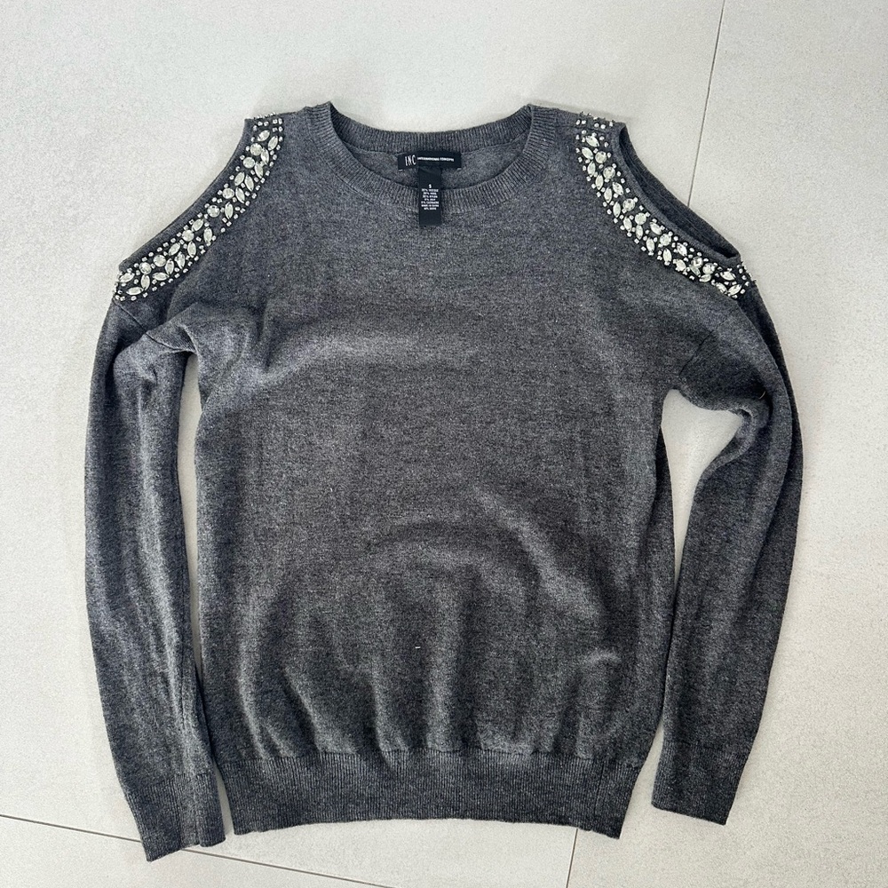 INC International Concepts Cold Shoulder Gray Sweater with Beaded Embellishments